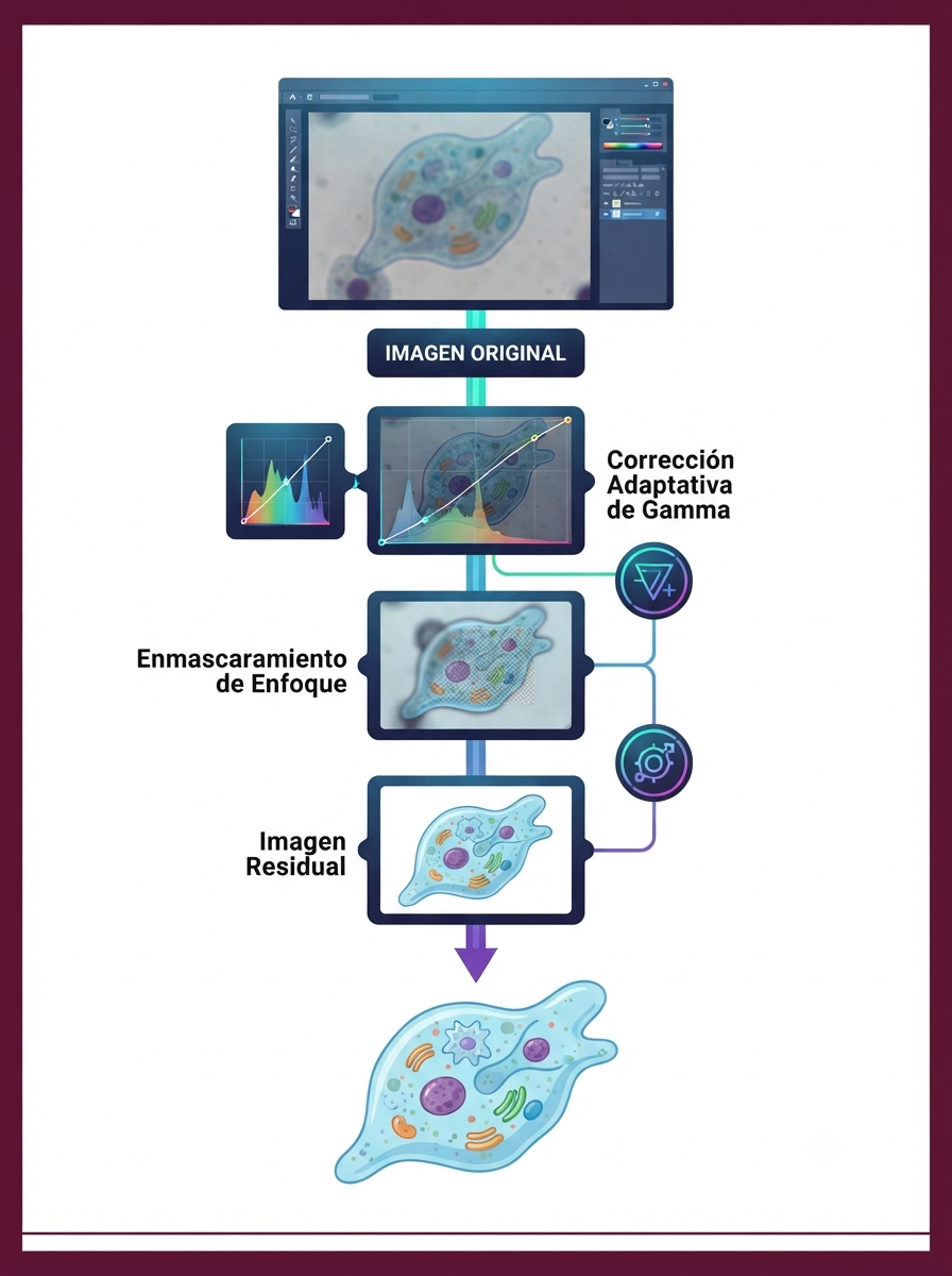 Carátula: Procesamiento de imágenes microscópicas de entamoeba histolytica mediante tres técnicas de mejora adaptativa y composición en falso color